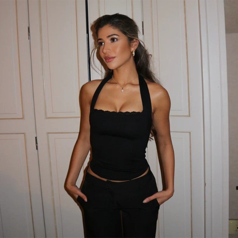 OUTZIDR Black Halter Neck Fitted Top - Image 1